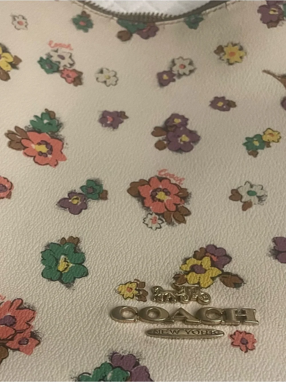 Coach Cream Floral Leather Key & Card Holder with Gold Logo